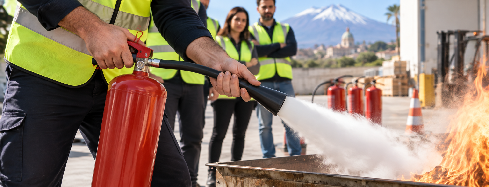 Esercitazione pratica con estintore: parte obbligatoria del corso antincendio livello medio e alto.
